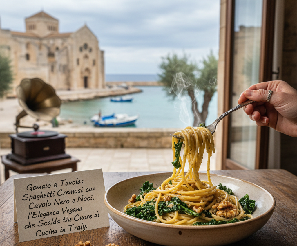 Gennaio a Tavola: Spaghetti Cremosi con Cavolo Nero e Noci, l'Eleganza Vegana che Scalda il Cuore di Trani