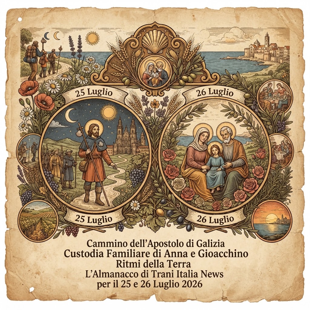 La Maturità Dorata di Luglio tra il Cammino dell'Apostolo di Galizia, la Custodia Familiare di Anna e Gioacchino e i Ritmi della Terra: L'Almanacco di Trani Italia News per il 25 e 26 Luglio 2026