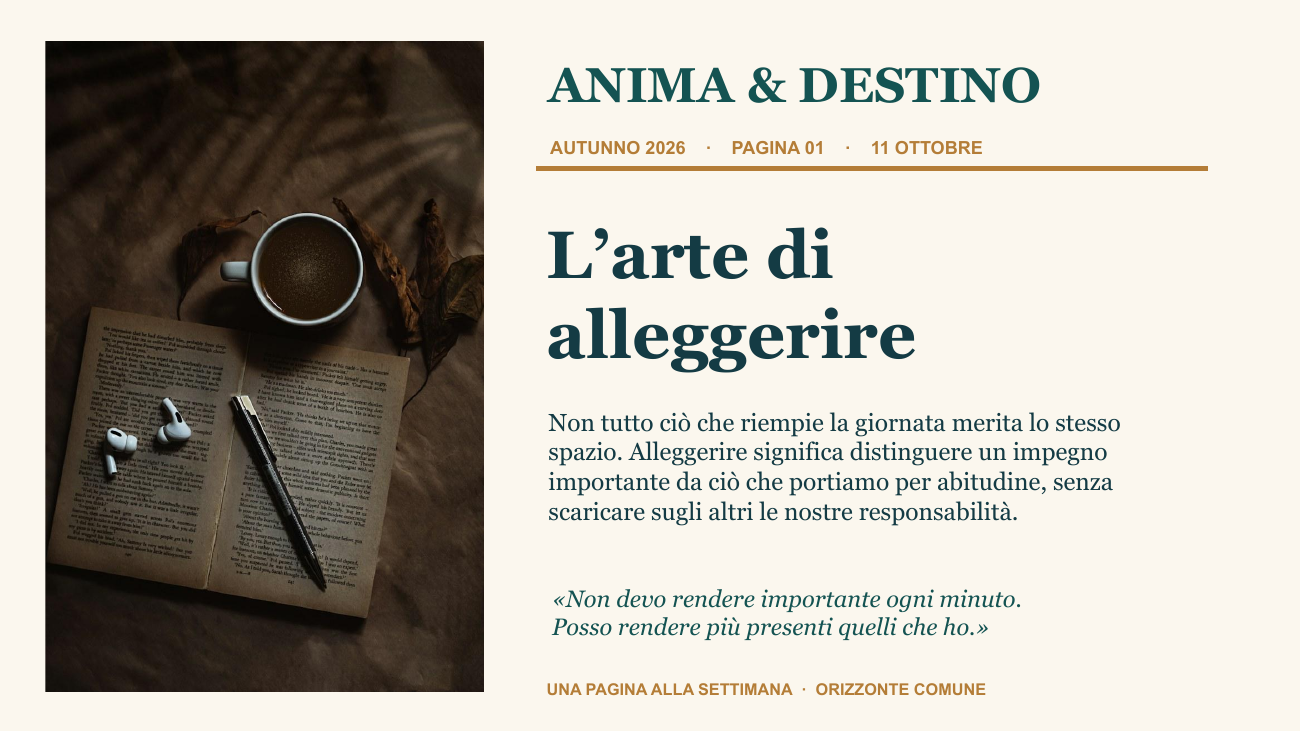 Prima pagina grafica della nuova rivista settimanale Anima & Destino. Titolo L’arte di alleggerire, foto di un libro e tazza di caffè, riflessione sul valore di fare spazio, autunno 2026.