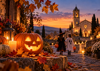 Illustrazione originale di Halloween, zucca luminosa e lanterne in un paese autunnale vicino a una chiesa; due bambini in costume sulla strada. Immagine illustrativa generata con intelligenza artificiale.