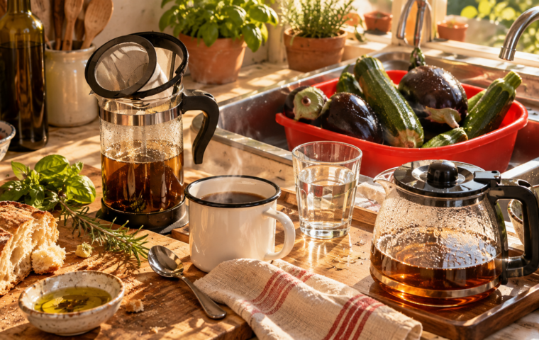 Interpretazione artistica della colazione di Renzo e Massimiliano: caffettiera e teiera con tazza bianca in primo piano e bacinella rossa di zucchine e melanzane della vicina sullo sfondo.