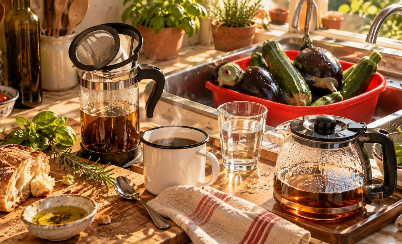 Interpretazione artistica della colazione di Renzo e Massimiliano: caffettiera e teiera con tazza bianca in primo piano e bacinella rossa di zucchine e melanzane della vicina sullo sfondo.