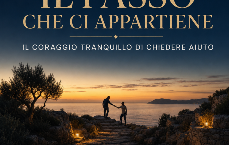 Copertina quadrata del podcast Il passo che ci appartiene, puntata 11: un sentiero tranquillo al crepuscolo e due figure che si offrono una mano, con il titolo Il coraggio tranquillo di chiedere aiuto e la firma Renzo Samaritani Schneider.