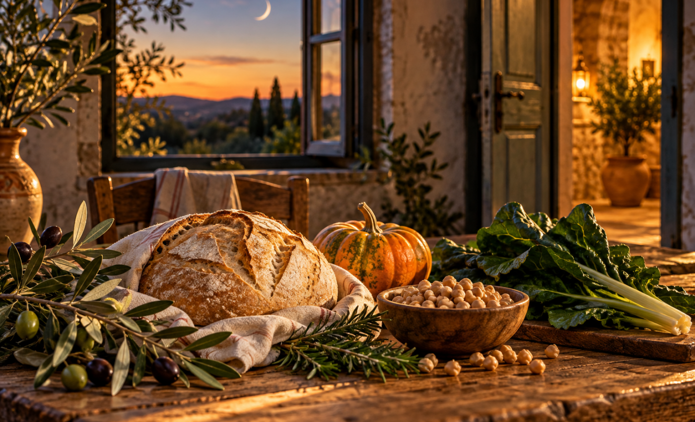 Illustrazione editoriale originale: tavola rustica autunnale con pane, zucca e legumi illuminati da luce calda; immagine simbolica, non una fotografia di Trani.