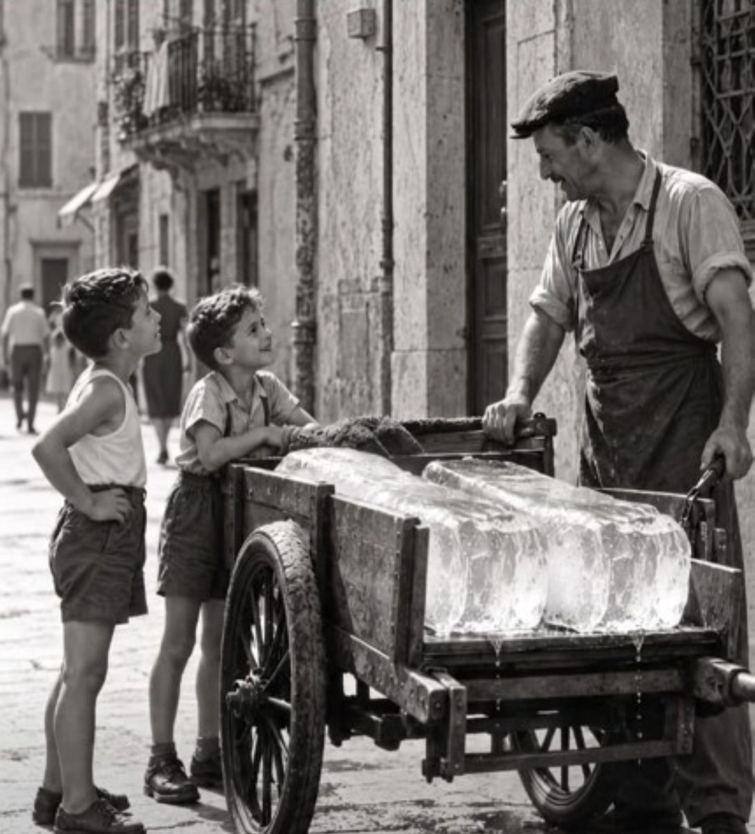 Fotografia d’epoca in bianco e nero: due bambini guardano sorridenti un venditore di ghiaccio accanto al suo carretto carico di grandi blocchi